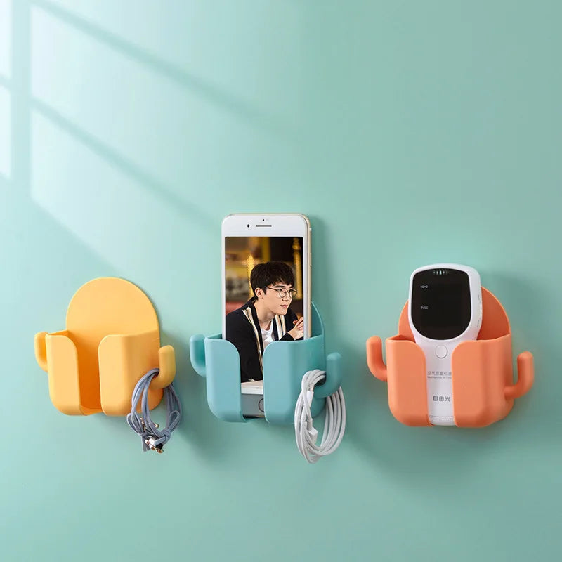 Adhesive Wall Mount Phone Holder With Hooks -Storage Box For Mobiles