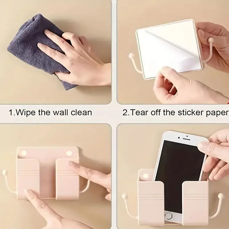 Adhesive Wall Mount Phone Holder With Hooks -Storage Box For Mobiles